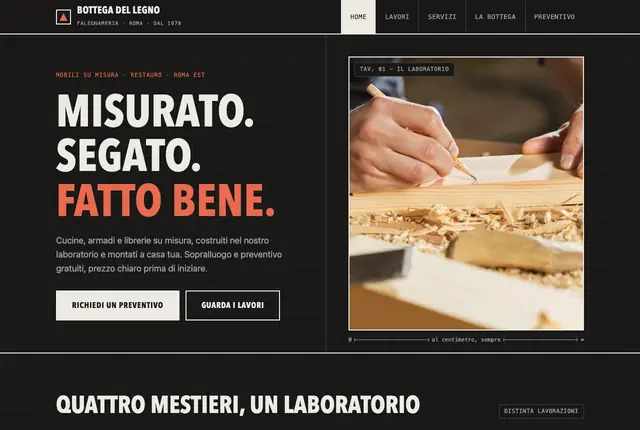 Home del sito Bottega del Legno: falegnameria artigiana romana, con lavorazioni in evidenza e richiesta di preventivo.