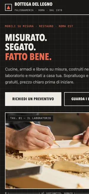 La stessa pagina su smartphone, con le lavorazioni impilate in colonna.