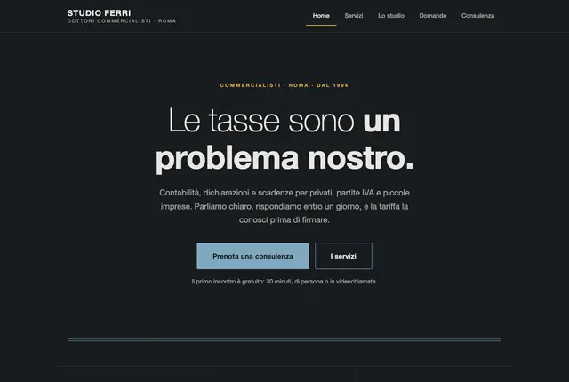 Home del sito Studio Ferri, commercialisti a Roma: titolo «Le tasse sono un problema nostro» e pulsante per prenotare una consulenza.