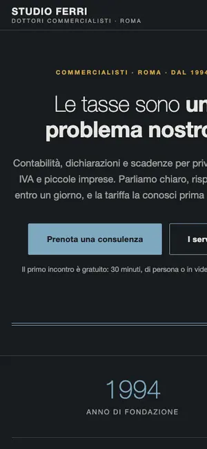 Il sito dello studio su smartphone, con il pulsante di prenotazione sempre raggiungibile.